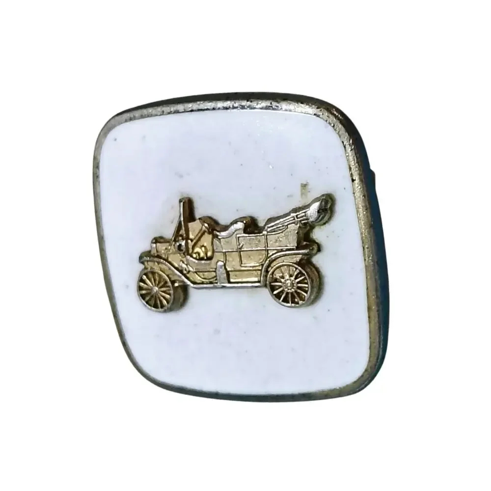 1950s Roadster White Enamel Cufflinks Faux Gold Metal Formal Wear Set of Two
